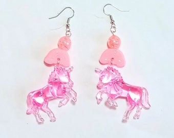 Fanciful - Unicorn Earrings with Pastel Pink Rainbow and Bubble Beads