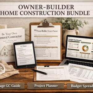 May include: An owner-builder home construction bundle featuring a spiral-bound guide titled Be Your Own General Contractor, a tablet displaying an 80-page owner document, a clipboard with a project planner, and a laptop showing a budget dashboard.