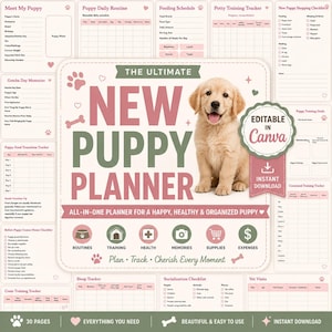 May include: A digital puppy planner template featuring a golden retriever puppy image, pink and sage green color scheme, and text including The Ultimate New Puppy Planner, Routines, Training, Health, Memories, Supplies, and Expenses trackers.