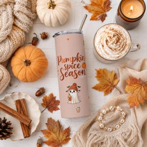 Gobelet à la citrouille épicée | Tasse d'automne fantôme mignonne | Gobelet fin de 590 ml avec paille | Tasse à café d'automne | Cadeau d'Halloween pour elle