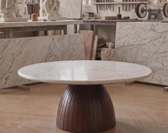 Mesa de centro de mármol blanco – Base de nogal estriada, mesa redonda