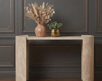 Travertine Console Table, Natural Stone Entryway Table, Hand-Carved U-Shape Pedestal Sideboard, Modern Minimalist Living Room Furniture