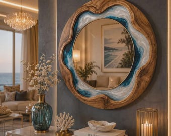 Wavy Edge Wood Resin Mirror, Round Coastal Statement Piece, Luxury Artisan Wall Decor, Organic Modern Mirror, Handmade Resin Wood Art