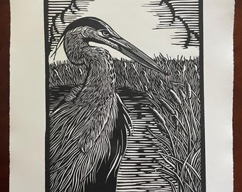 Great Blue Heron, Linocut, 8x10”