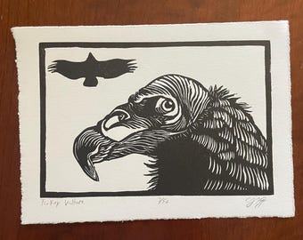 Buitre pavo, linograbado, 5x7 pulgadas.