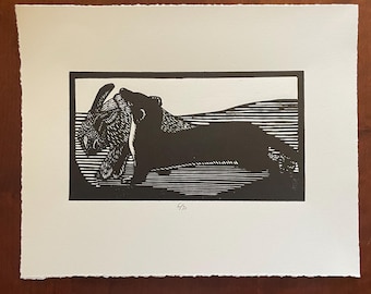 Hermelijn met konijn, linosnede, 8 x 10 inch