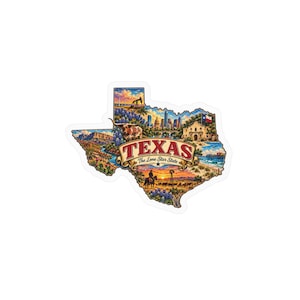 Può includere: Un adesivo fustellato a forma dello stato del Texas con un collage colorato di paesaggi, un longhorn, l'Alamo, uno skyline cittadino e un cowboy. Il testo TEXAS e The Lone Star State è stampato al centro sopra un banner decorativo.