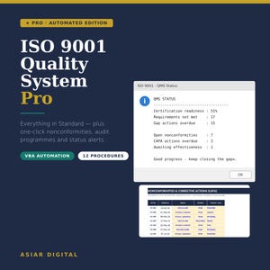 ISO 9001 Quality Management System Excel PRO | Gap Analysis Audit Capa Tracker with VBA Macros | 12 Word Procedures
