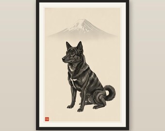 Dog Wall Art, Japanese Tiger Dog Sumi-e Kai Ken Print, Tiger Dog of Kai, Brindle Samurai Mt Fuji Art, Digital Download
