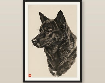 Neutral Wall Art, Modern Sumi-e Kai Ken Dog Print, Brindle Up Close, Japanese Tiger Dog Portrait, Digital Download