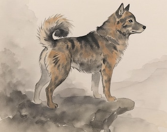 Minimalist Japanese Dog Wall Art, Sumi-e Kai Ken Print, Misty Mountain Poster, Wabi-Sabi Ink Wash, Digital Download