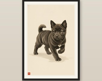 Cute Kai Ken Puppy Print, Japanese Tiger Dog Sumi-e Ink Wash Art, Walking Tiger Cub, Kawaii Brindle Puppy Nursery, Digital Download
