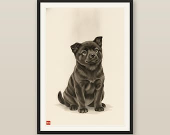 Cute Kai Ken Puppy Print, Japanese Tiger Dog Sumi-e Ink Wash Art, Sitting Tiger Cub, Kawaii Brindle Puppy Nursery, Digital Download