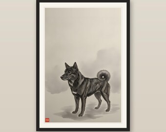 Wabi-Sabi Japanese Dog Wall Art, Minimalist Sumi-e Kai Ken Print, Foggy Mountain, Zen Ink Wash, Digital Download