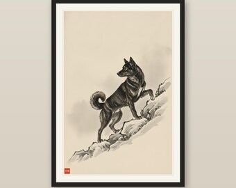 Mountain Wall Art, Japanese Sumi-e Kai Ken Dog Print, The Mountain Dog, Climbing Brindle Tiger Hunting Dog, Digital Download