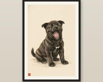 Cute Kai Ken Puppy Print, Japanese Tiger Dog Sumi-e Ink Wash Art, Yawning Tiger Cub, Kawaii Brindle Puppy Nursery, Digital Download
