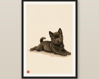 Cute Kai Ken Puppy Print, Japanese Tiger Dog Sumi-e Ink Wash Art, Lying Tiger Cub, Kawaii Brindle Puppy Nursery, Digital Download