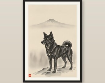 Japanese Wall Art, Sumi-e Kai Ken Tiger Dog Print, Proud in the Mist, Standing Brindle Dog Wall Art, Digital Download