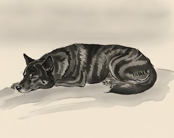 Wabi-Sabi Wall Art, Japanese Sumi-e Kai Ken Dog Print, Repose in the Mist, Resting Brindle Tiger Dog, Digital Download