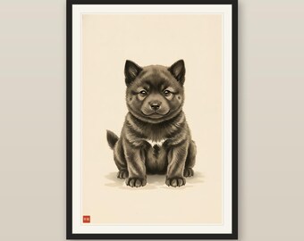 Cute Kai Ken Puppy Print, Japanese Tiger Dog Sumi-e Ink Wash Art, Little Tiger Cub Front, Kawaii Brindle Puppy, Digital Download