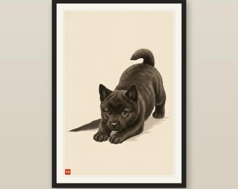 Cute Kai Ken Puppy Print, Japanese Tiger Dog Sumi-e Ink Wash Art, Play Bow Tiger Cub, Kawaii Brindle Puppy Nursery, Digital Download