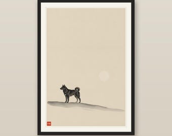Large Wall Art, Sumi-e Kai Ken Moon Print, Japanese Tiger Dog on Ridge, Minimalist Ink Wash Dog Art, Digital Download