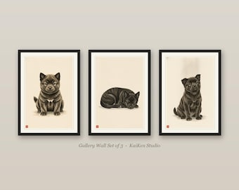 Puppy Nursery Wall Art Set of 3, Kai Ken Cute Dog Prints, Sumi-e Puppy Gallery Wall Set, Japanese Tiger Dog Art, Digital Download