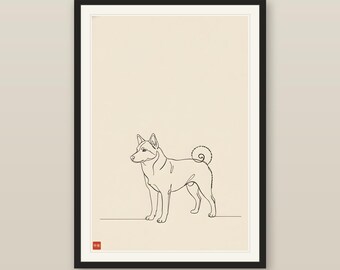 Line Art Dog Print, Minimalist Japanese Kai Ken Wall Art, One Line Sumi-e Tiger Dog, Black and White Negative Space, Digital Download