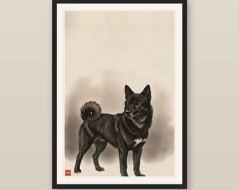 Kai Ken Japanese Tiger Dog Print, Sumi-e Ink Wash Wall Art, Ink Wash Sentinel, Chu-tora Brindle Guard Dog, Digital Download