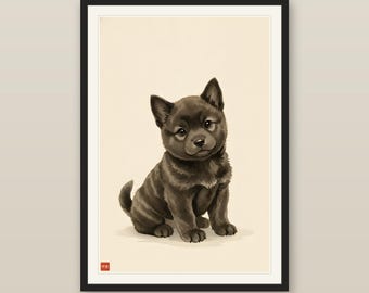 Cute Kai Ken Puppy Print, Japanese Tiger Dog Sumi-e Ink Wash Art, Little Tiger Cub, Kawaii Brindle Puppy Nursery, Digital Download