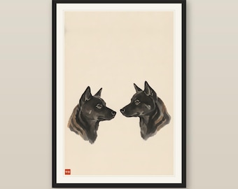 Dog Lover Gift, Two Kai Ken Sumi-e Print, Japanese Tiger Dogs Nose to Nose, Minimalist Two Dog Wall Art, Digital Download