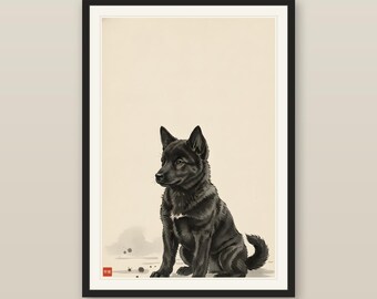 Kai Ken Puppy Print, Japanese Tiger Dog Sumi-e Ink Wash Wall Art, The Young Tiger, Rare Brindle Puppy Nursery Art, Digital Download