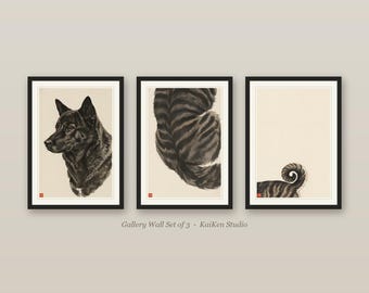 Abstract Wall Art Set of 3, Sumi-e Kai Ken Tiger Stripe Prints, Neutral Gallery Wall Set, Modern Japanese Ink Dog Art, Digital Download