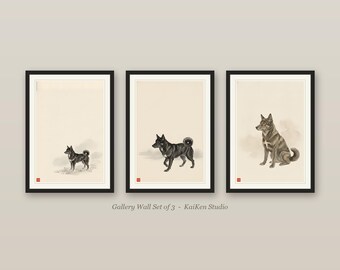 Japandi Wall Art Set of 3, Minimalist Kai Ken Sumi-e Dog Prints, Neutral Gallery Wall Set, Japanese Ink Tiger Dog, Digital Download