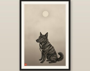 Japanese Wall Art, Moon Sumi-e Kai Ken Dog Print, Kai Ken under the Moon, Celestial Brindle Tiger Dog, Digital Download