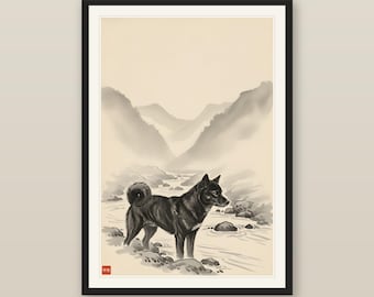 Zen Wall Art, Japanese Sumi-e Kai Ken Dog Print, Hunter of the Valley, Mountain Stream Brindle Tiger Dog, Digital Download