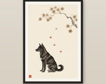 Fall Wall Art, Sumi-e Kai Ken Maple Print, Japanese Tiger Dog Under Autumn Leaves, Minimalist Ink Wash Dog Art, Digital Download