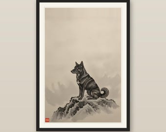 Japandi Dog Wall Art, Minimalist Japanese Sumi-e Kai Ken Print, Brindle Tiger Dog, Ink Wash Decor, Digital Download