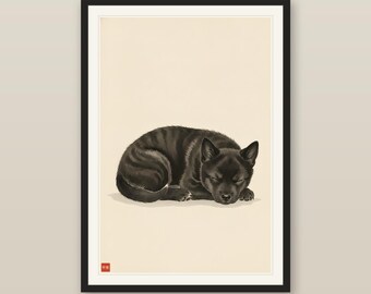 Cute Kai Ken Puppy Print, Japanese Tiger Dog Sumi-e Ink Wash Art, Sleeping Tiger Cub, Kawaii Brindle Puppy Nursery, Digital Download