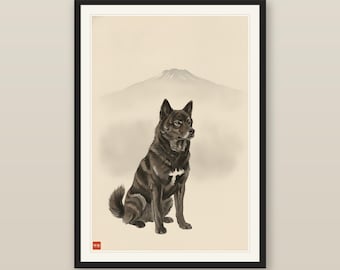 Zen Wall Art, Japanese Sumi-e Kai Ken Dog Print, Seated in Silence, Brindle Tiger Dog Wall Art, Digital Download