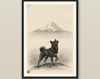Mt Fuji Wall Art, Japanese Sumi-e Kai Ken Dog Print, Beneath Fuji, Brindle Tiger Dog Mountain Art, Digital Download