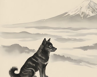 Samsung Frame TV Art, Japanese Sumi-e Kai Ken & Mt Fuji, 16:9 4K Tiger Dog Ink Painting, Art TV Digital Download