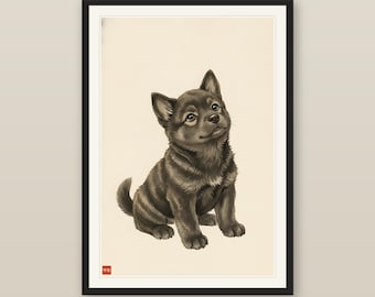 Cute Kai Ken Puppy Print, Japanese Tiger Dog Sumi-e Ink Wash Art, Looking Up Tiger Cub, Kawaii Brindle Puppy Nursery, Digital Download