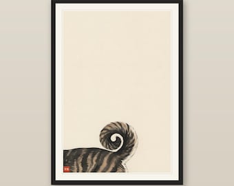 Bedroom Wall Art, Sumi-e Kai Ken Curled Tail Print, Japanese Tiger Dog Brindle Spiral, Minimalist Ink Wash Dog Art, Digital Download