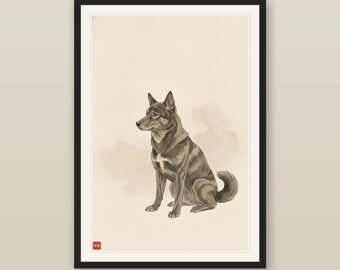 Japandi Wall Art, Neutral Sumi-e Kai Ken Dog Print, Japandi Stillness, Brindle Tiger Dog Wall Art, Digital Download