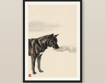 Dog Dad Gift, Sumi-e Kai Ken Print, Japanese Tiger Dog Nose to Hand, Minimalist Ink Wash Dog Wall Art, Digital Download