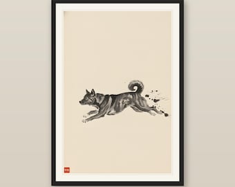 Textured Wall Art, Sumi-e Kai Ken Running Print, Japanese Tiger Dog Ink Splash, Minimalist Brushstroke Dog Art, Digital Download