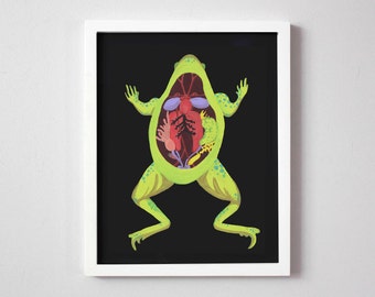 May include: A green frog with its internal organs visible, including its heart, lungs, and intestines. The frog is depicted against a black background.