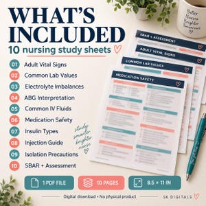 Könnte beinhalten: Ein Set aus 10 Lernblättern für die Krankenpflege im digitalen PDF-Format mit den Maßen 21,6 x 27,9 cm. Die Blätter enthalten Überschriften wie Medication Safety, Adult Vital Signs und Common Lab Values sowie einen blaugrünen Stift.