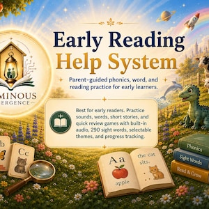 May include: An Early Reading Help System educational set featuring a Luminous Emergence logo, a magnifying glass, and illustrated cards showing letters A, B, and C with an apple, butterfly, and cat. An open book displays the text 'Aa apple' and 'the cat sits'.